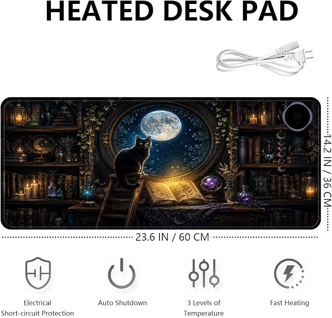 Large Heated Mouse Pad–23.6" x 14.2" Desk Mat for Office | 3 Adjustable Heat Levels,Auto Shut-Off After 3 Hours for Safety,Keeps Hands Warm While Working，Witchy Black Cat Library