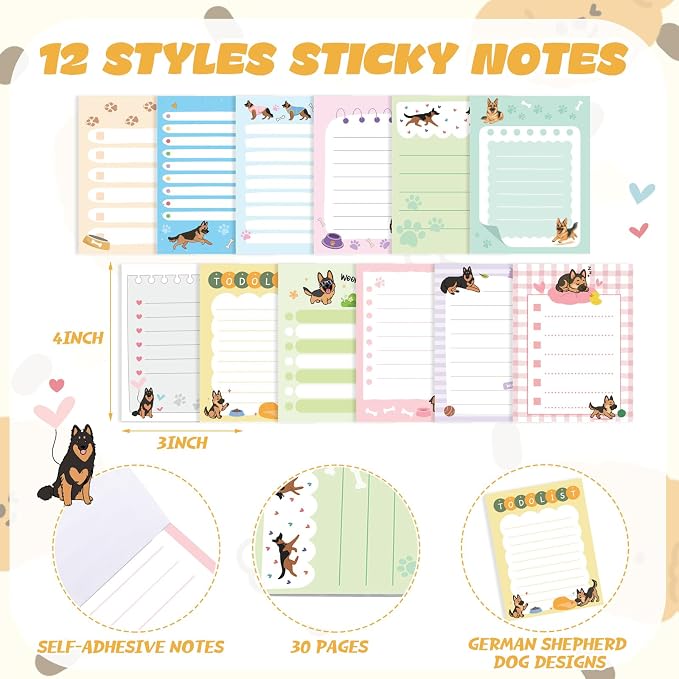 Chiisong 12 Pcs German Shepherd Sticky Notes 3x4 Inches Dog Notepad to Do List Kawaii Dog Lover Gifts for Women Office Supplies Sticky Notes Home Christmas Office Decor