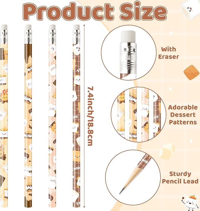 Xqumoi S’Mores Pencils with Eraser - S’More Love Fun #2 HB Pencils, Classroom Student Rewards Camping Back to School Office Supply Marshmallow Goodie Bag Fillers Stuffers Campfire Party Favors