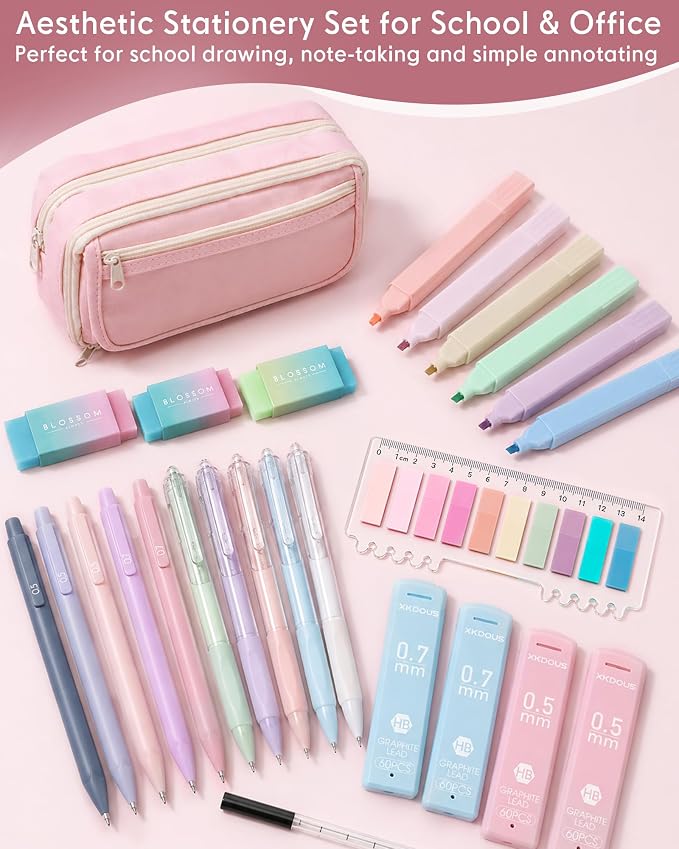 XKDOUS Preppy School Supplies Kit with Large Capacity Pencil Case, 6 Mechanical Pencils 0.5mm & 0.7mm with 240 Lead Refills, 6 Pastel Highlighters, 5 Gel Pens for Stationary College Essentials Gifts