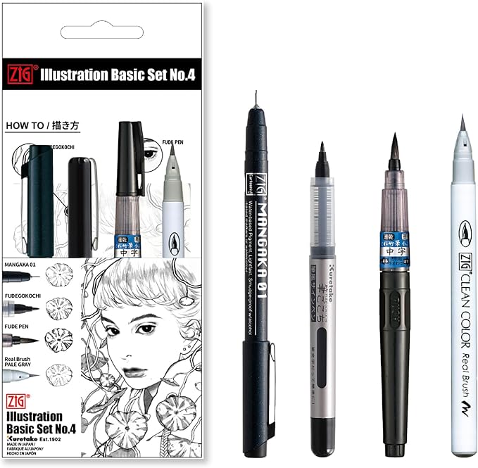 Kuretake Zig Inktober pen set, for Illustration, Manga Drawing, Lettering and Calligraphy, Professional Artist, Made in Japan (Basic No.4(4pcs.))