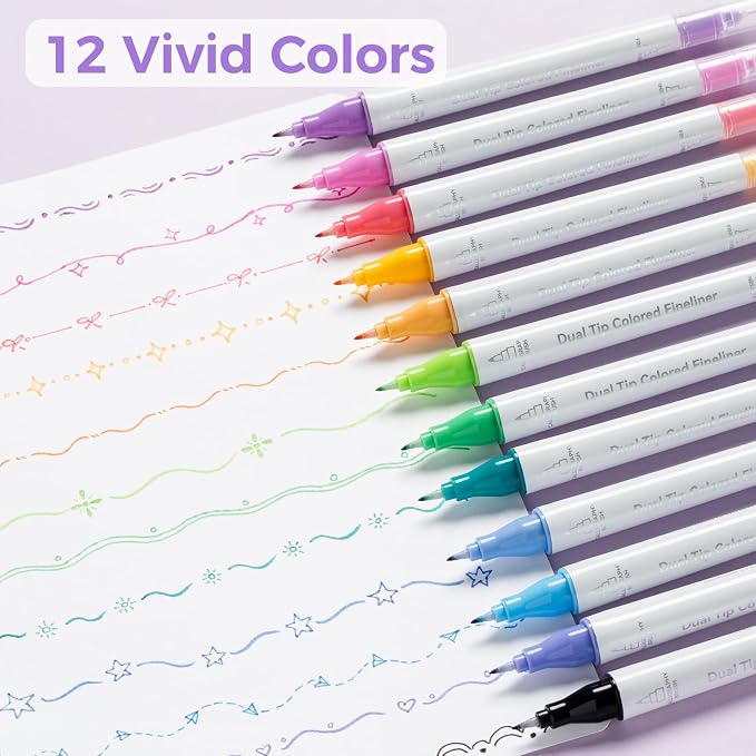 Ohuhu 12 Colors Brush & Fineliner Dual Tips Colored Drawing Pens for Adults | Waterproof & Alcohol-proof Brush Micro Pens for Artists & Beginners Drawing Sketching Bullet Journal Outlining Office Class