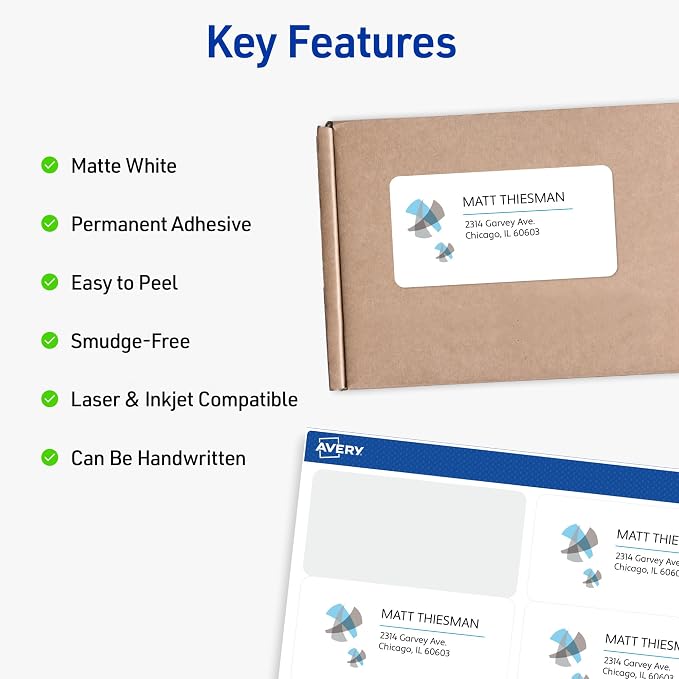Avery Printable Shipping Labels with Sure Feed, 2" x 4" Customizable Stickers, White, 100 Blank Mailing Labels, Great for Mailing, Shipping, and More (18163)