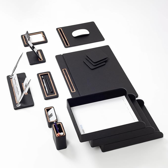Capella 12-Piece Luxury Leather Desk Organizer Set, Black | Executive Office Accessories, Triple Document Tray, Covered Desk Pad, Personalized Nameplate
