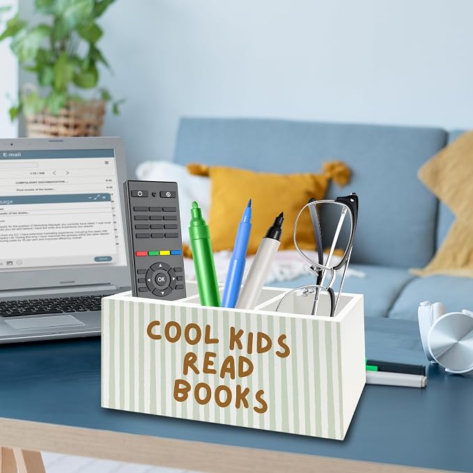 Cool Kids Read Books Pen Pencil Holder Organizer for Desk, Book Lover Reader Bookworm Gifts Wooden Box Signs Decorations for Reading Corner Nook Room Classroom Desk Tabletop, Reading Room Decor