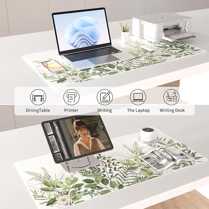 Colorful Star Green Leaves Waterproof Office Desk Mat, 31.5" x 15.7" | Non-Slip Large Computer Gaming Mouse Pad, XXL PC Laptop Protector Pads, PU Leather Desk Writing Pads for Office Home