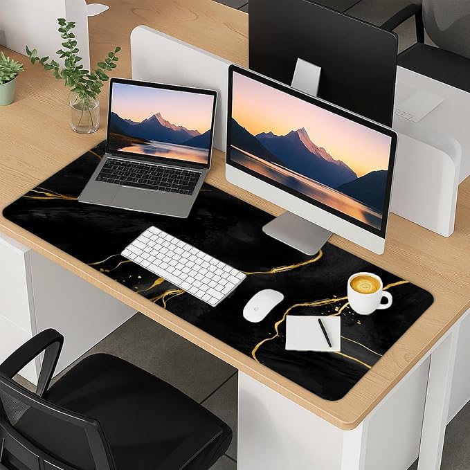 Britimes Black Gold Marble Desk Mat Deak Pad Non-Slip PU Leather Large Keyboard Mouse Pad Office Desktop Accessories for Office,Work,Home Decor(31.5"X15.7")