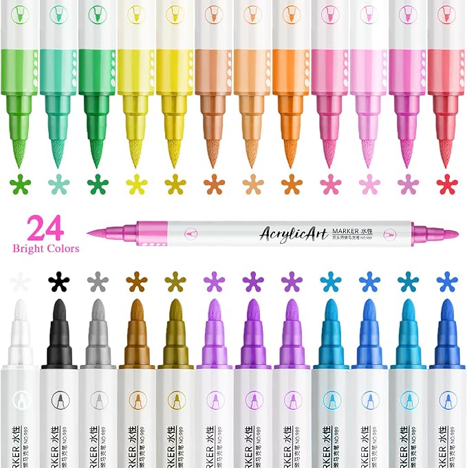 SAYEEC Acrylic Paint Pens, 24 Colors Dual Tip Nail Art Polish Pens with Fine Tip and Brush Tip, Acrylic Paint Markers for Rock Painting, Wood, Glass, Canvas, Calligraphy, Card Making, DIY Nail Beauty