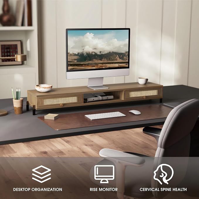 Fenge Dual Monitor Stand, Wooden Riser With Rattan Woven Flip Drawers | 2-Tier Monitor Riser, 42.5in Long Desk Shelf for 2 Monitors, Vintage Computer Stand for Laptop, Printer, TV, Brown