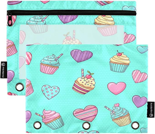 Gredecor 3 Ring Binder Pencil Pouch, Colorful Cupcakes with Swirl Zippered Pen Case Pouches with Clear Window, 2 Pack Stylish Office & School Supplie