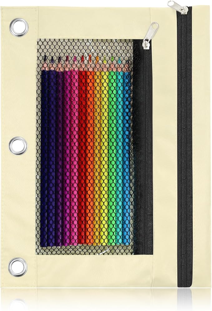 Pencil Pouch for 3 Ring Binder - 3 Hole Zipper Pen Case Bag Holder Bulk Accessories Clear Window Aesthetic Organizer Pockets