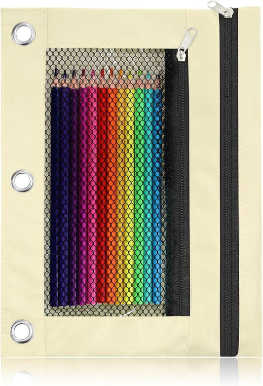 Pencil Pouch for 3 Ring Binder - 3 Hole Zipper Pen Case Bag Holder Bulk Accessories Clear Window Aesthetic Organizer Pockets
