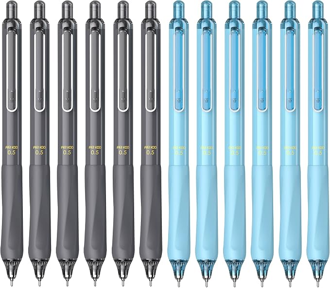 ParKoo Gel Pens Quick Dry Ink Fine Point 0.5mm, Retractable Rolling Ball 6 Black/6 Blue Ink Pen, Click Silent Pens Set for Journaling Notetaking Drawing Sketching Smooth Writing Non Bleed 12pcs