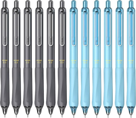 ParKoo Gel Pens Quick Dry Ink Fine Point 0.5mm, Retractable Rolling Ball 6 Black/6 Blue Ink Pen, Click Silent Pens Set for Journaling Notetaking Drawing Sketching Smooth Writing Non Bleed 12pcs