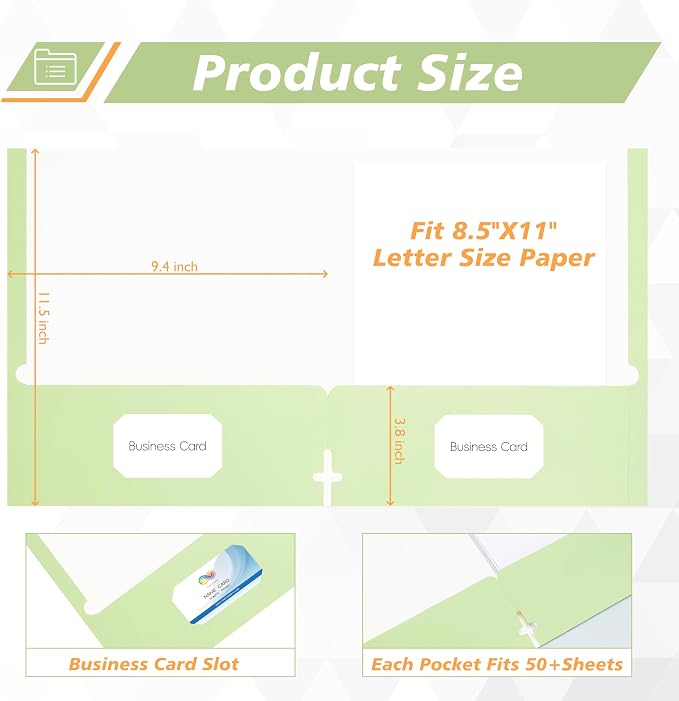 50 Packs Two Pocket Folders,Two Pocket File Folders with Business Card Slot,Light Green,Letter Size,Paper Folders with Pockets for School Office Home Business
