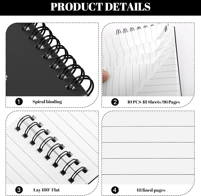 BESARME 10 Pcs Small Notepads 3x5, Spiral Pocket Notebook Bulk | Black Mini Lined Notepad, Memo Pads for Men, Students Back to School Gift