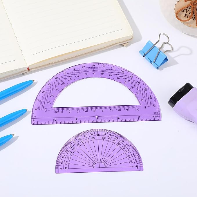 EBOOT 2 Pcs Plastic Protractor Clear 180 Degrees Transparent Protractor for Geometry, 4 Inch and 6 Inch (Purple)