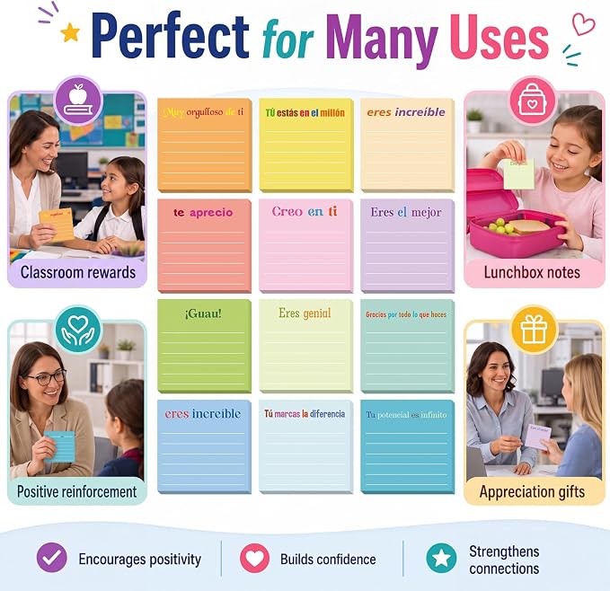 Yinder 24 Pcs Inspirational Sticky Notes, Back to School Supplies, Cute Motivational Sticky Notes Pad Employee Appreciation Gifts Bulk for Teacher Coworker Office 3 x 3'' (Spanish,Light)