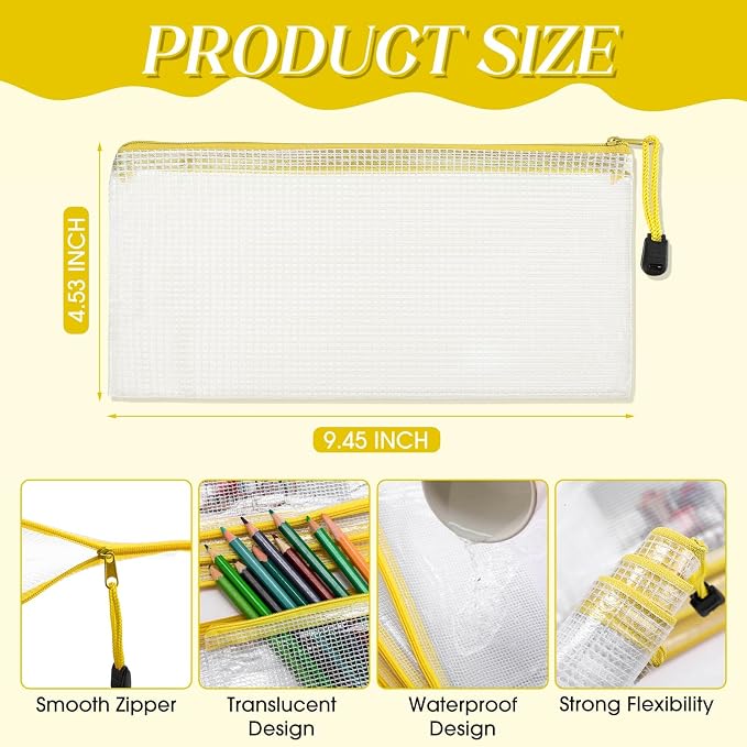 Handepo 100 Pack Mesh Zipper Pouch Pencil Pouches Bulk Clear Storage Bag Small Waterproof Purse Bag Multipurpose for Cash Board Game Passport Office(A6/9.45x4.53in,White Pouch Yellow Zipper)