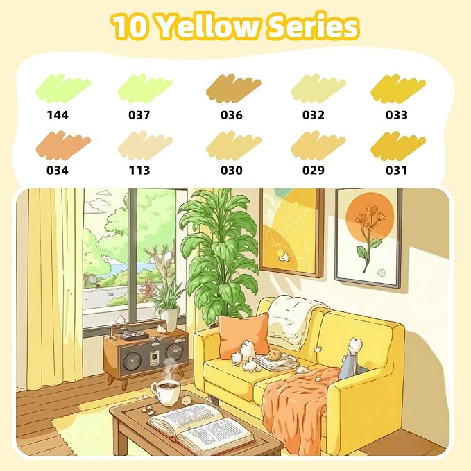 LIULIUCAI 10 Yellow Dual Markers, Fine & Brush Tip Pen for Adult Coloring | Yellow Markers, Drawing Pen for Sunflower, Fall Art, Highlights, Hand Lettering & Warm Accents, No Bleeding