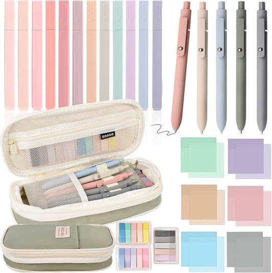 27 Pcs Aesthetic School Supplies Include 12 Pcs Aesthetic Highlighters Bible 1 Ppcs Big apacity Pen Case Bag 5 Pcs Retractable Quick Dry Gel Ink Pens 9 Pads Clear Sticky Tabs for School Office Home