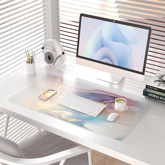 Colorful Star Waterproof Blue Purple Marble Desk Pad, 31.5" x 15.7" | PU Leather Desk Mat Large Keyboard and Gaming Mouse Pads for Office, Non-Slip Writing Pad Desk Accessories for Women Men