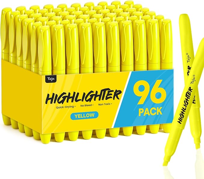 Taja Highlighters 96 Pack Value Pack, Bright Yellow, Chisel Tip Marking Pens with Clean Ink, Suitable for School, Office, and Daily Use