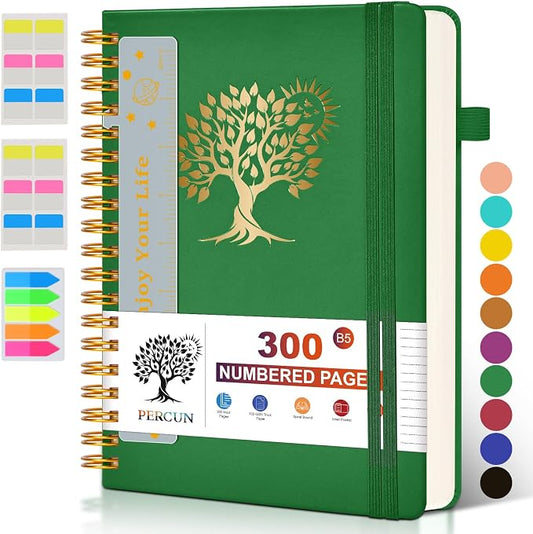 PERCUN B5 Spiral Notebook 300 Numbered Lined Pages Hardcover Journal 7"x10" | College Ruled Spiral Bound Notebook with Tabs, Large Leather Journal for Women Men, Work, School, Travel,Writing,Note Taking