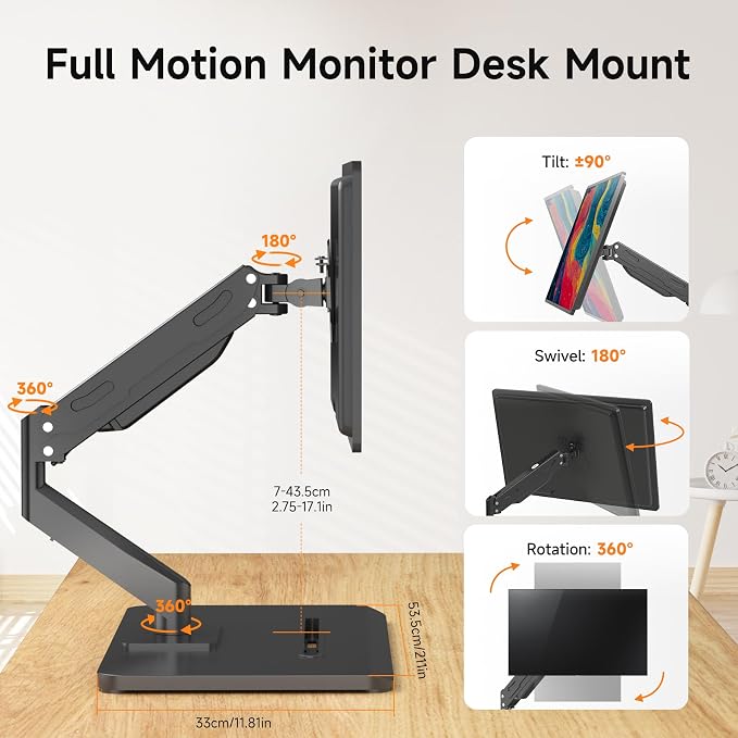 Pholiten Adjustable Monitor Arm with Gas Spring for 17-32 inch Screens,Pneumatic VESA Computer Mount with Base,Freestanding Full Motion Monitor Desk Stand Holds up to 22 lbs.