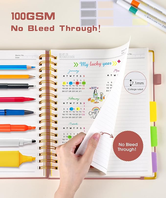 Hardcover Spiral Notebook Journal with Removable Dividers Tabs, 300 Pages Leather 5 Subject Notebook College Ruled, 8"x10" Large B5 Notebooks for Work School, Lined Journal for Women, Rose gold