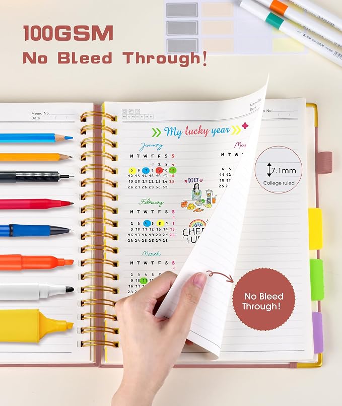 Hardcover Spiral Notebook 8.5"x11" Journal with Removable Dividers Tabs, 300 Pages Leather 5 Subject Notebook College Ruled, Large Notebooks for Work School, Lined Journal for Women, A4 Rose Gold