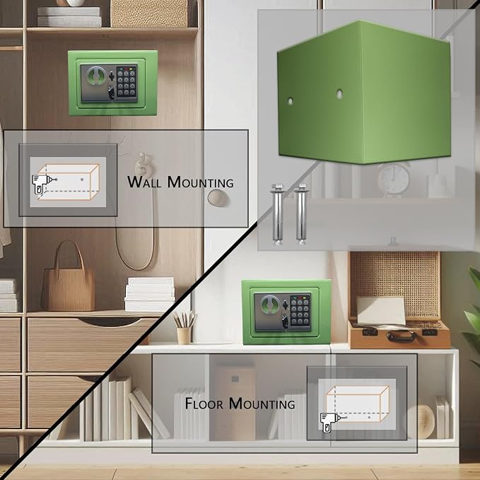 Yuanshikj Small Steel Security Safe Box with Keypad,Key;0.23 Cu Ft, Green | Electronic Digital Secure,9.1" W x 6.7" D x 6.7" H,Hidden for Home Dorm Apartment Hotel Office Cash Jewelry Storage