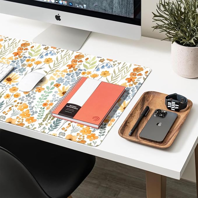 Flower Large Mouse Pad, Floral Desk Matt for Desktop, PU Leather Waterproof Desk Pad, Computer PC Laptop Protector Gaming Mouse Pads for Women Office Decor (23.6" x 11.8")