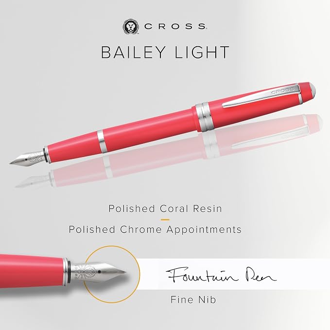 Cross Bailey Light Polished Coral Resin Fine Nib Fountain Pen - Professional Pen for Effortless Writing - Journaling, Note-Taking & More - Black Ink - Easy Handling - Includes Gift Box