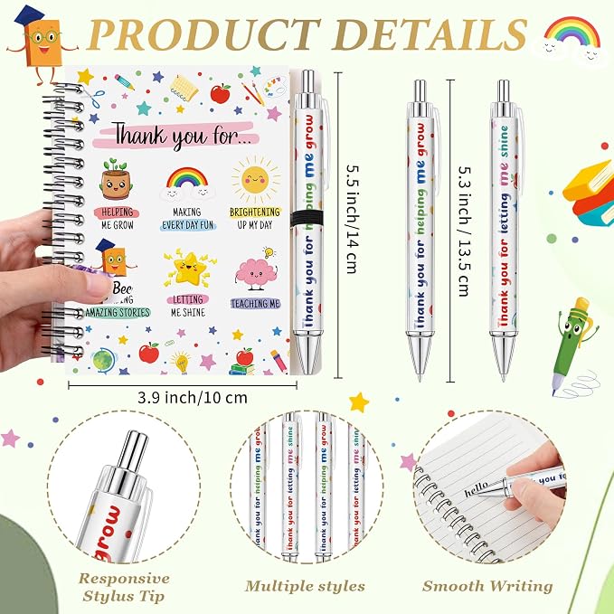 Colarr 12 Sets Teacher Appreciation Notebooks and Ballpoint Pens Teacher Appreciation Gifts Bulk Thank You for Helping Me Grow Gifts Spiral Notebooks for School Office Supplies