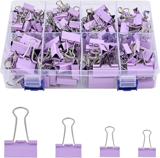 Temiary 188 Pcs Binder Clips with Container, Assorted 4 Sizes Clamp, Purple | 0.6 & 0.75 & 0.98 & 1.26 Inch Metal Binder Clip in One Pack, Paperwork Clamp Bulk for Office, Home, School