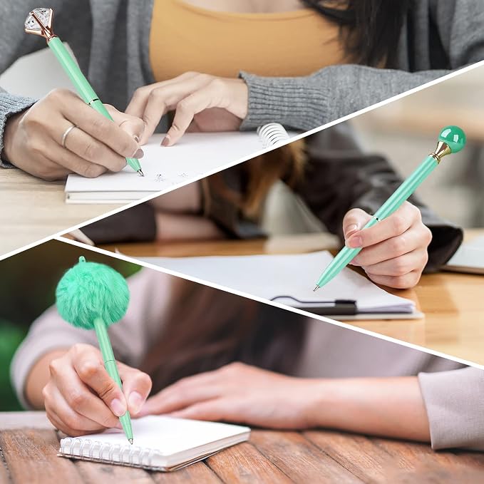 WEMATE 8Pcs Green Pens, Metal Crystal Diamond Pens with Black & Blue Ink | Cute Fancy Pens for Journaling, Office Supplies, Gifts for Women Girls, Birthday & Back to School Supplies