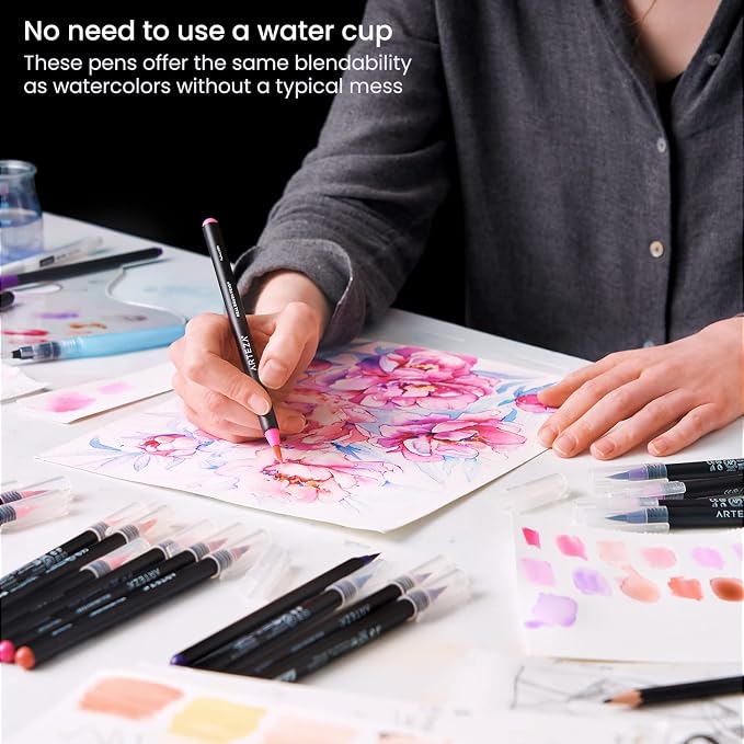 ARTEZA Real Brush Pens, 96 Colors, Watercolor Pens and Drawing Markers with Flexible Nylon Tips, Bonus Water Brush for Coloring, Sketching, Lettering and Art Journaling