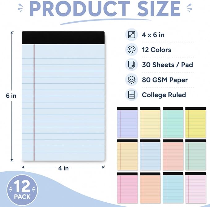 gisgfim 12 PCS 4" x 6" Small Legal Pad College Ruled Lined Mini Legal Pad 80 GSM Muted Pastel Law Memo Pads 30 Sheets Memo & Scratch Pads for Home Office School Work Business To Do List Grocery List