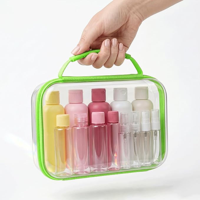 Large Toy Storage Bags with Handle,Clear Hard Shell Zipper Case, 3 Pcs Travel Toiletry Bag,Waterproof toys storage and Organizer Bags for Puzzles,Diapers,Cosmetics,Reusable Organizer Pouch (Green)