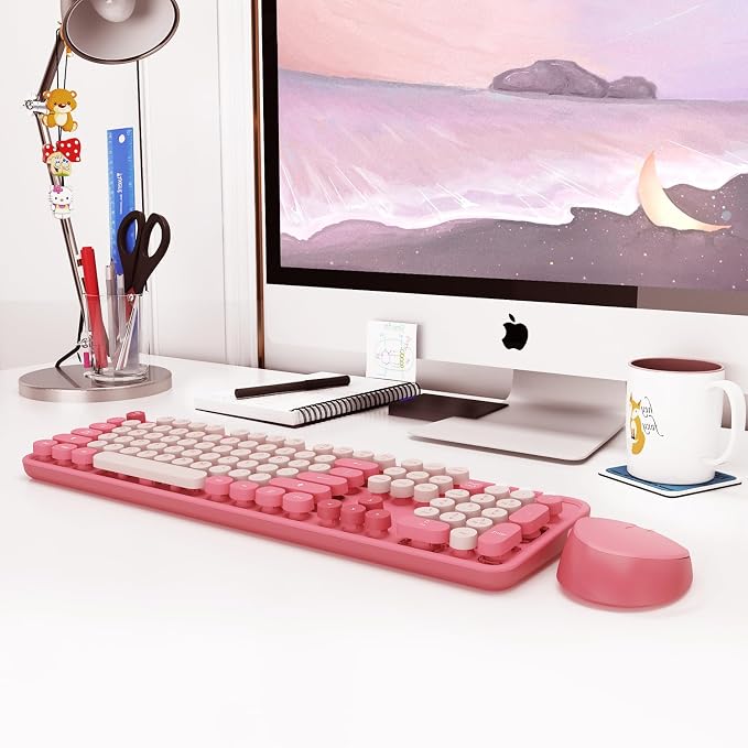 Colorful Wireless Keyboard and Mouse for PC Laptop | Cute Colorful Typewriter Retro Round Keyboard and mouse for PC Laptop