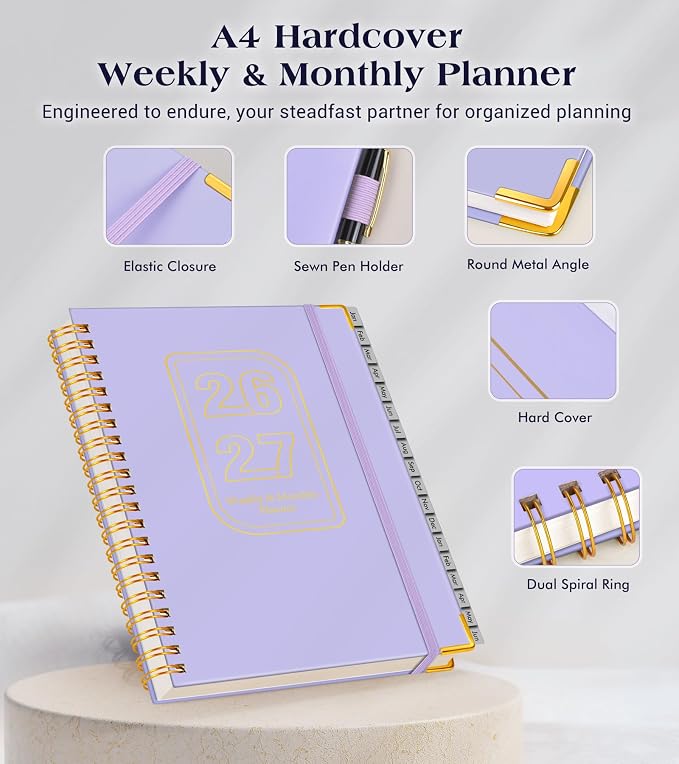 Planner 2026-2027, 18 Months Weekly and Monthly Hardcover Planner, January 2026 - June 2027, 8.5" x 11" A4 Large Daily Calendar Planner Book with Tabs, Spiral Yearly Agenda Organizer Notebook for School Work Home, Purple