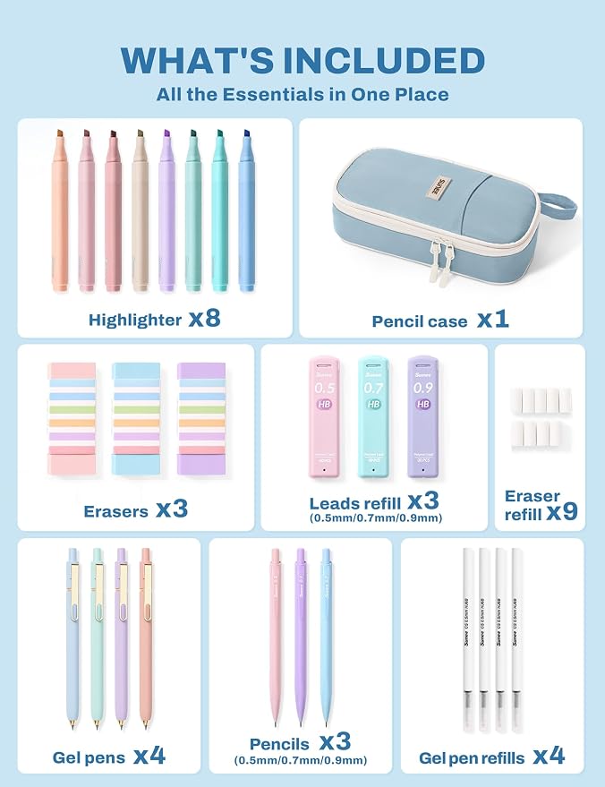 SUNEE 35PCS Aesthetic Stationery Set with Cute Pencil Case, Pastel Highlighters, Black Gel Pens, Mechanical Pencils & Refills, College School Supplies for Students Girls Blue