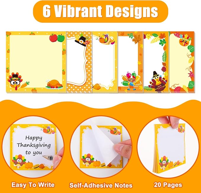 30 Pack Fall Turkey Sticky Notes for Kids - 600 Sheets Thanksgiving Notepads for Thank You Gifts, Party Favor, Notes, Message Reminder, School Supplies
