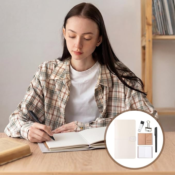 Thenshop Travelers Refillable Leather Journal Notebook Travel Diary Handmade Passport Travelers Journal for Men and Women with 3 Notebook Inserts, Pen Holder, Binder Clip(White,Stand Size)