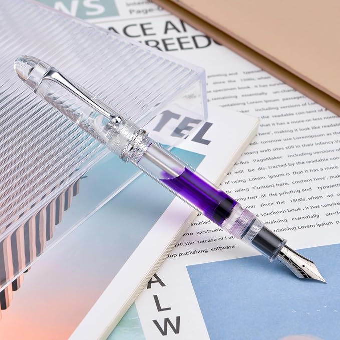 Asvine V800 Fountain Pen - Vacuum Filling System with Large Ink Capacity - Smooth Number 8 Medium Nib with Gift Case and Wrench - Clear Silver Acrylic
