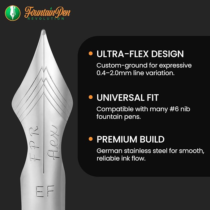 FPR #6 Chrome EF Ultra Flex Fountain Pen Nib for Writers, Professionals | Custom-Ground Shoulders, 0.4 mm EF to 2.0 mm Line Variation, German-Made Stainless Steel Tipping, Drill Point