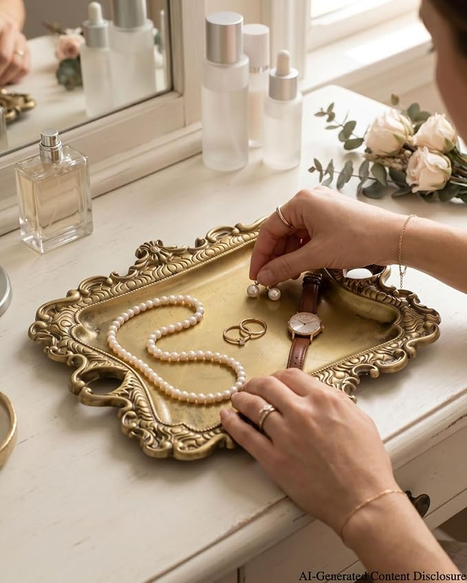 8x7 inch Vintage Gold Jewelry Tray, Middle Decorative Trinket Dish | Rings and Perfume Organizer for Vanity, Elegant Baroque Style Accessory for Wedding Detail Photography