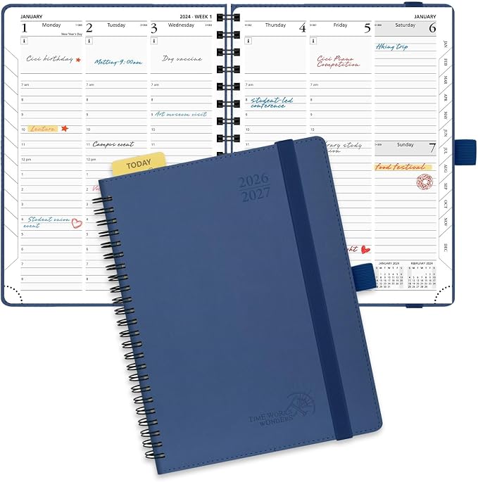 POPRUN Planner 2026-2027 (Medium - 6.5'' x 8.5'') Academic Weekly Planner | Calendar(July 2026-June 2027) Appointment Book with Hourly Time Slots, Monthly Tabs, 100GSM, Spiral Leather Cover - Navy Blue