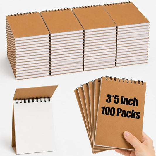 Watersay 100 Pack Small Spiral Notebook Bulk, 3x5 Pocket Notepads,Kraft | Memo Pads, Mini Blank Sketchbook, for School Office Grocery Shopping Lists, Back to School Gift, Students Rewards, 50 Sheets